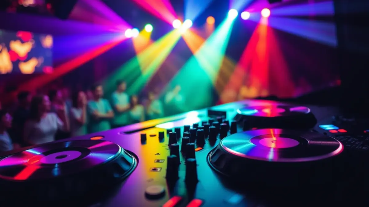 Generic image of a DJ mixing console with colorful lights in a festival setting.