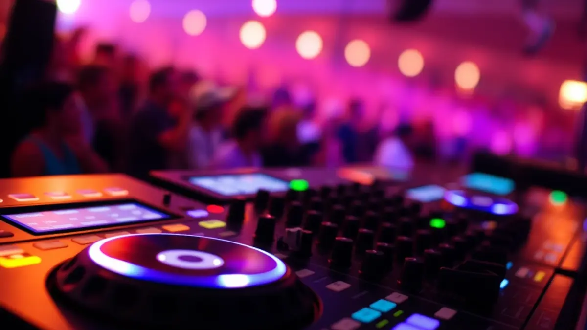 Imatge genèrica d'una taula de mescles de DJ amb llums desenfocades i públic al fons.