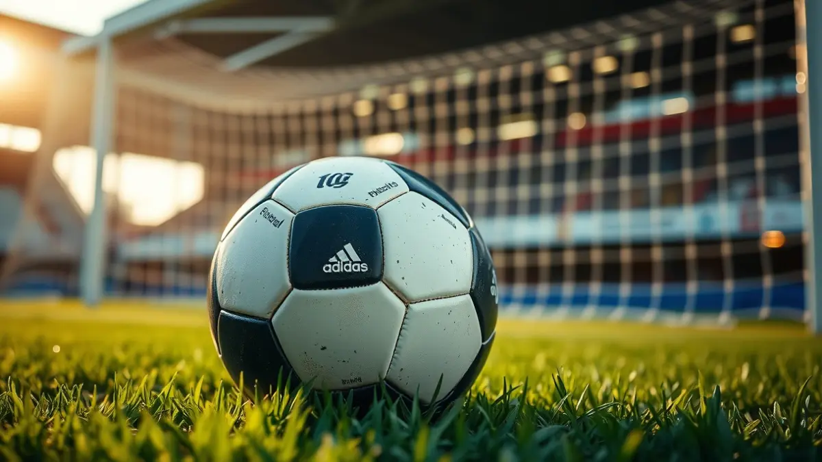 Imatge genèrica d'una pilota de futbol en la gespa d'un camp, amb la porteria desenfocada al fons.