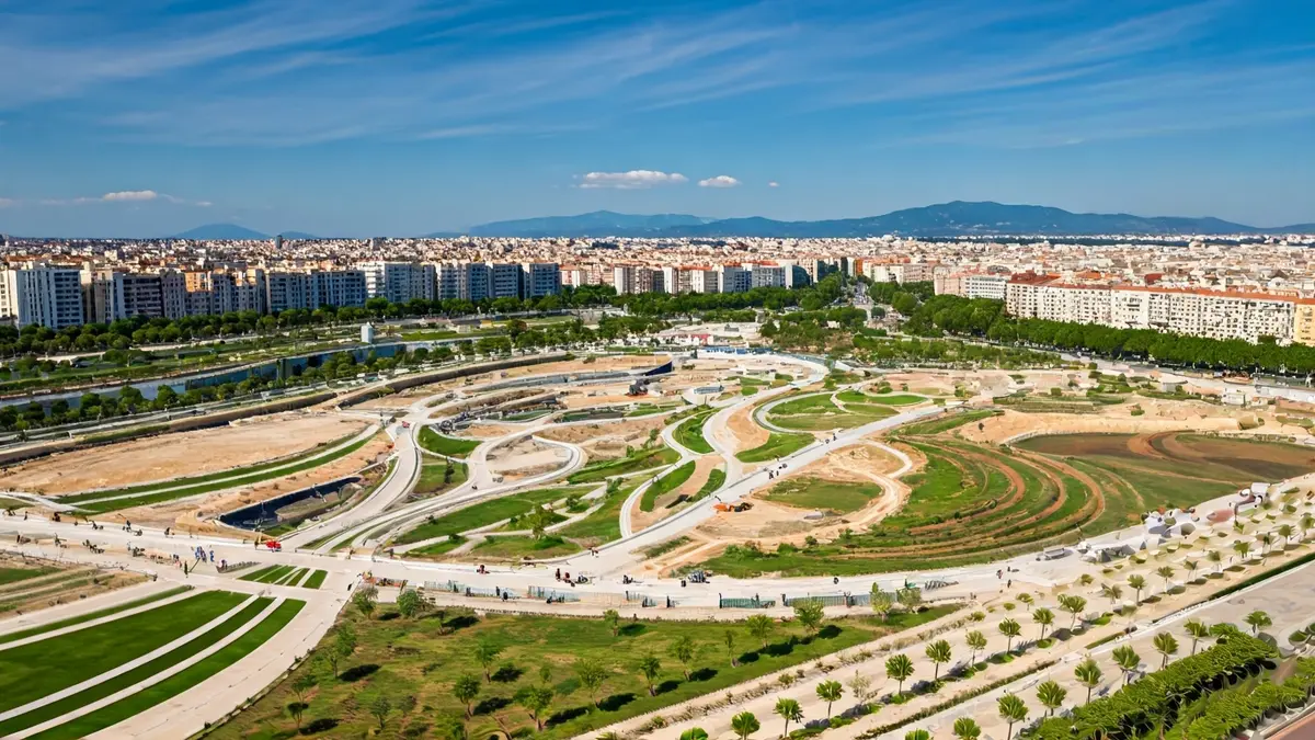 Aerial image of an urban park under construction in a Mediterranean city.