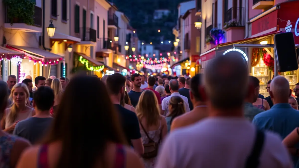 Generic image of a street theater festival in a Mediterranean city, with people enjoying the show.