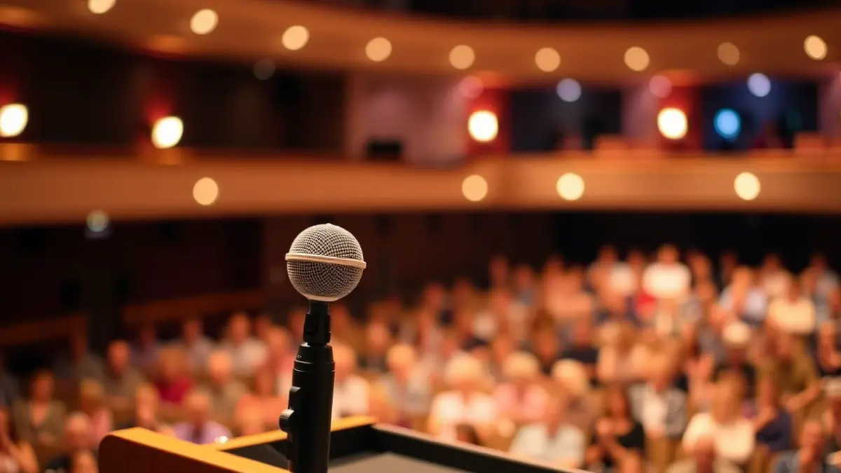 Generic image of a microphone on a podium in a theater, with blurred audience seats in the background, representing a professional cultural event.