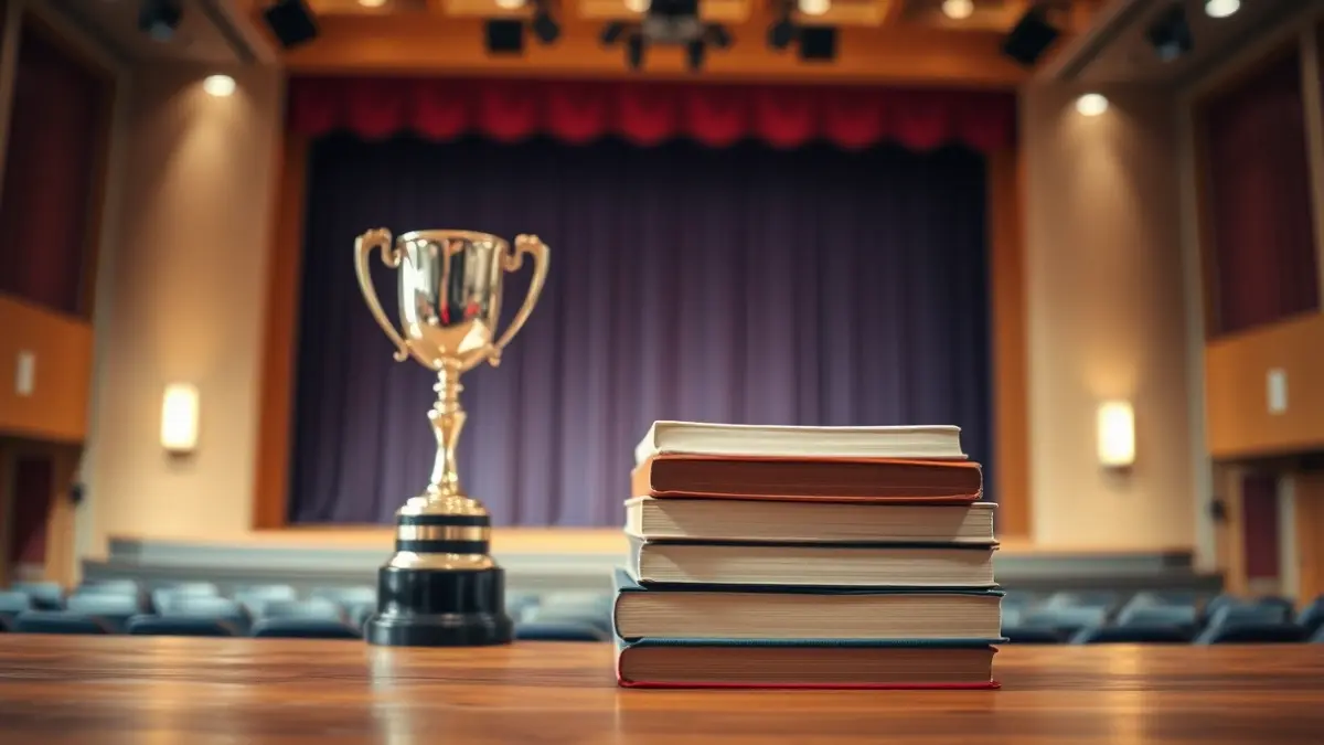 Imagen de una pila de libros y un trofeo en un auditorio, simbolizando los Premios Sambori.