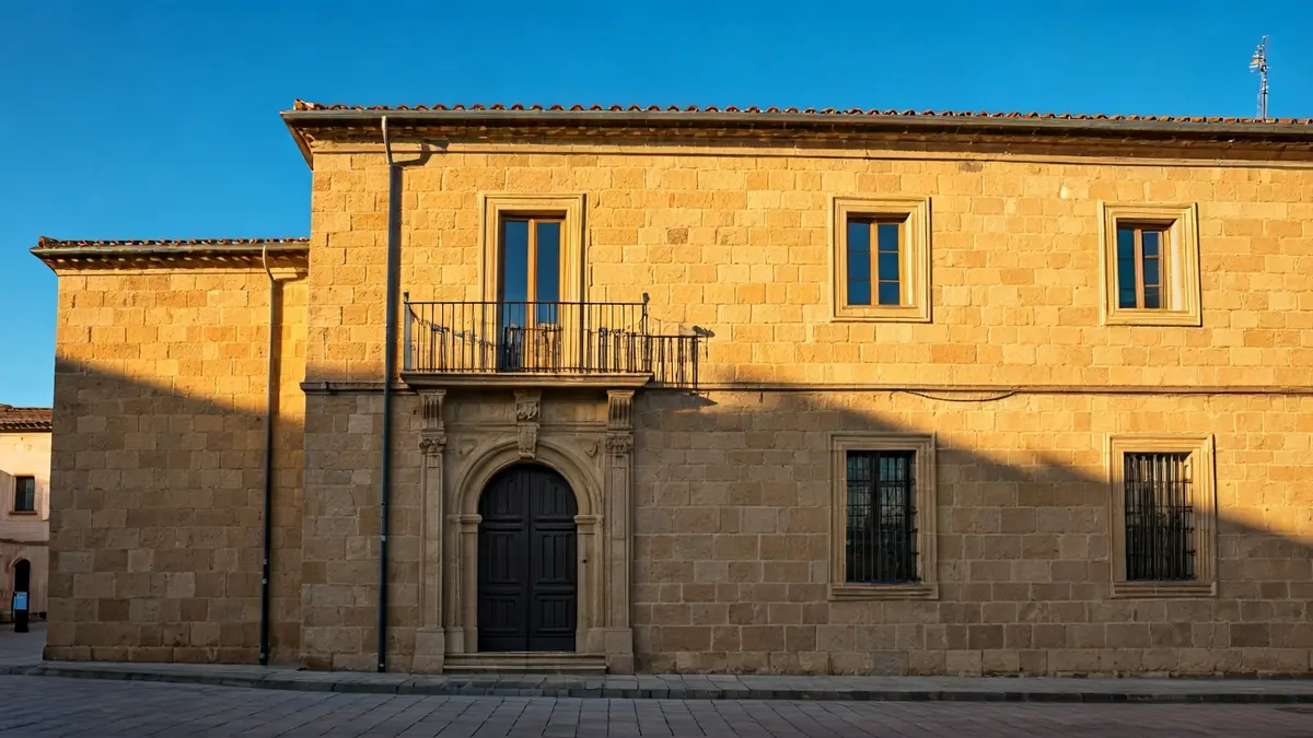 Facade of Vila-real town hall with balconies and iron railings, bathed in afternoon sunlight.