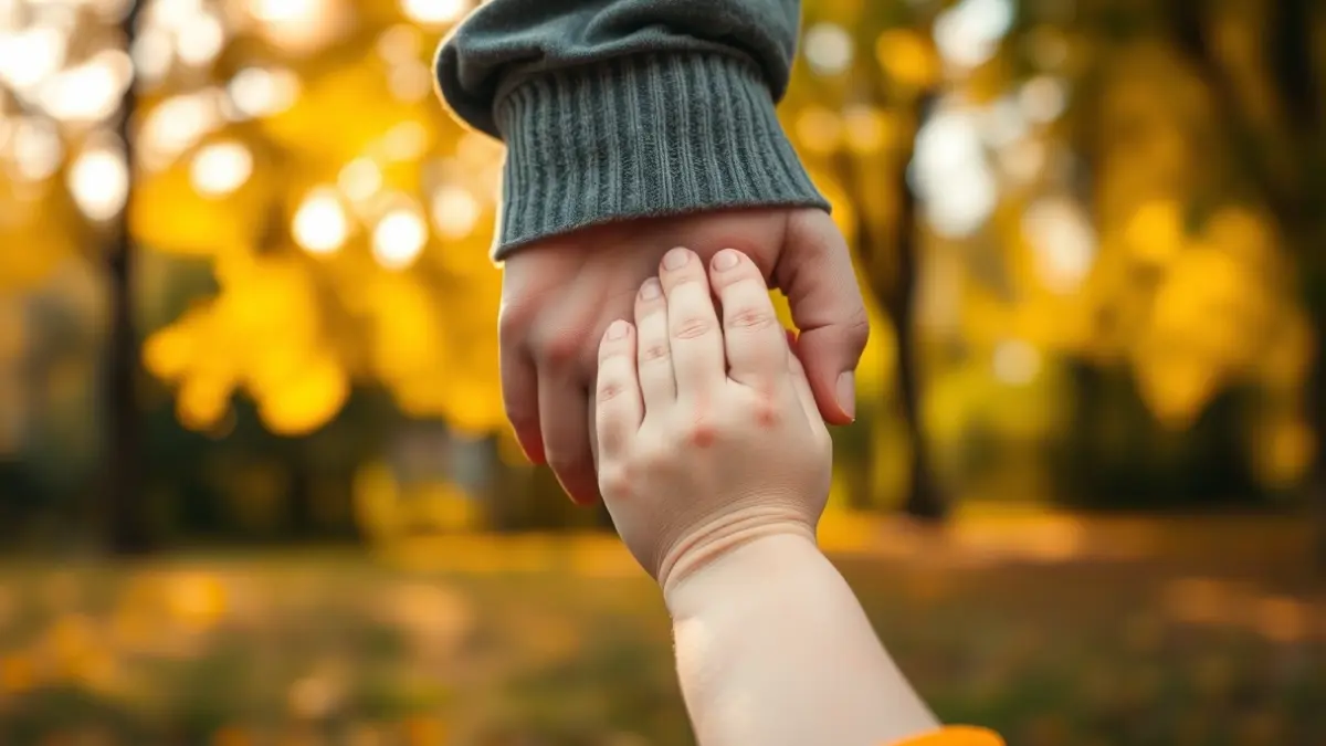 Generic image of an adult's and child's hands clasped, symbolizing support and inclusion.