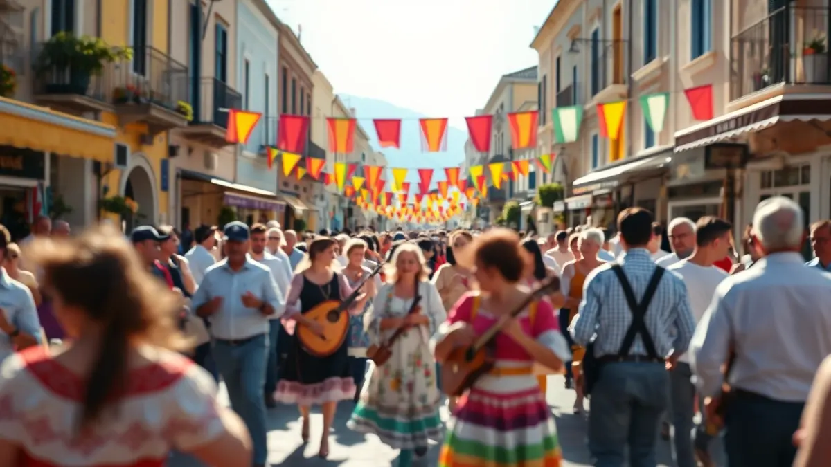 Generic image of a popular festival in a Mediterranean street, with people dancing and traditional instruments.