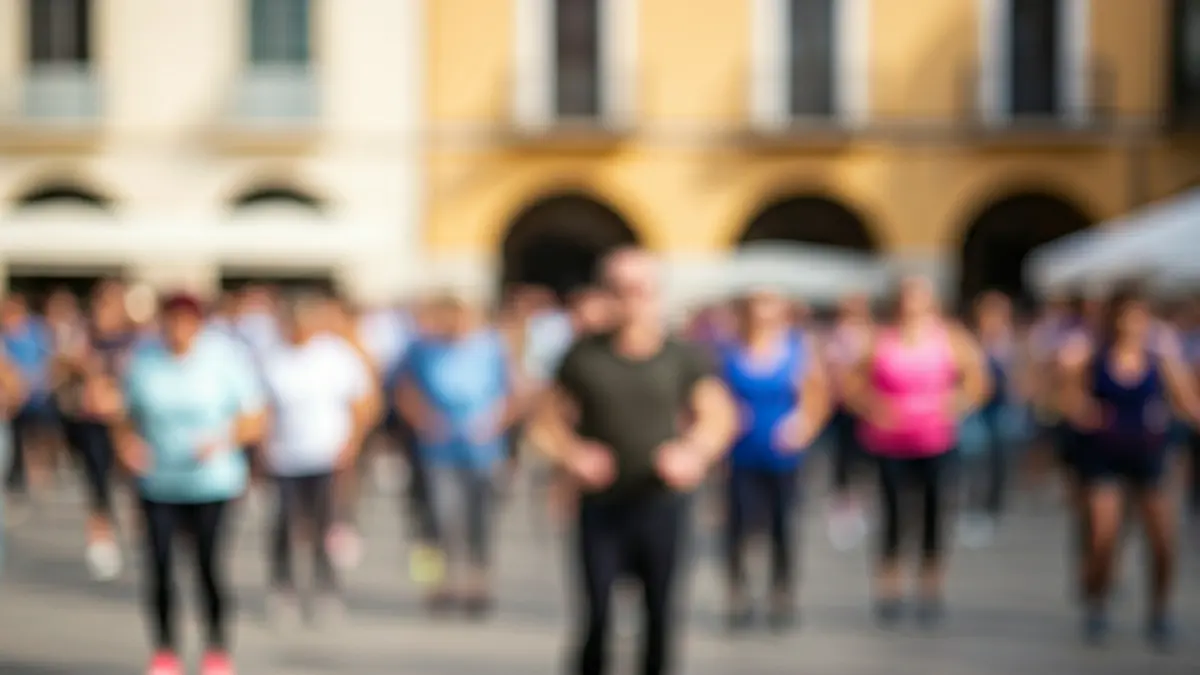 Generic image of health activities in a Mediterranean square, with people participating and blurred buildings in the background.