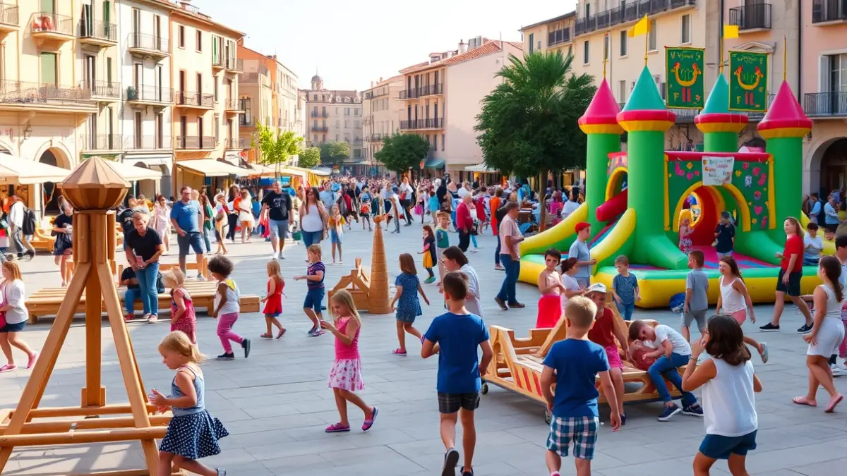 Imagen de una plaza llena de niños jugando en juegos de madera y castillos hinchables.