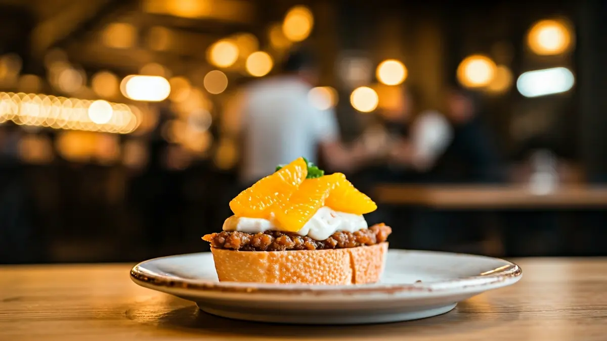 Image of a creative tapa with orange pieces, in a restaurant setting.