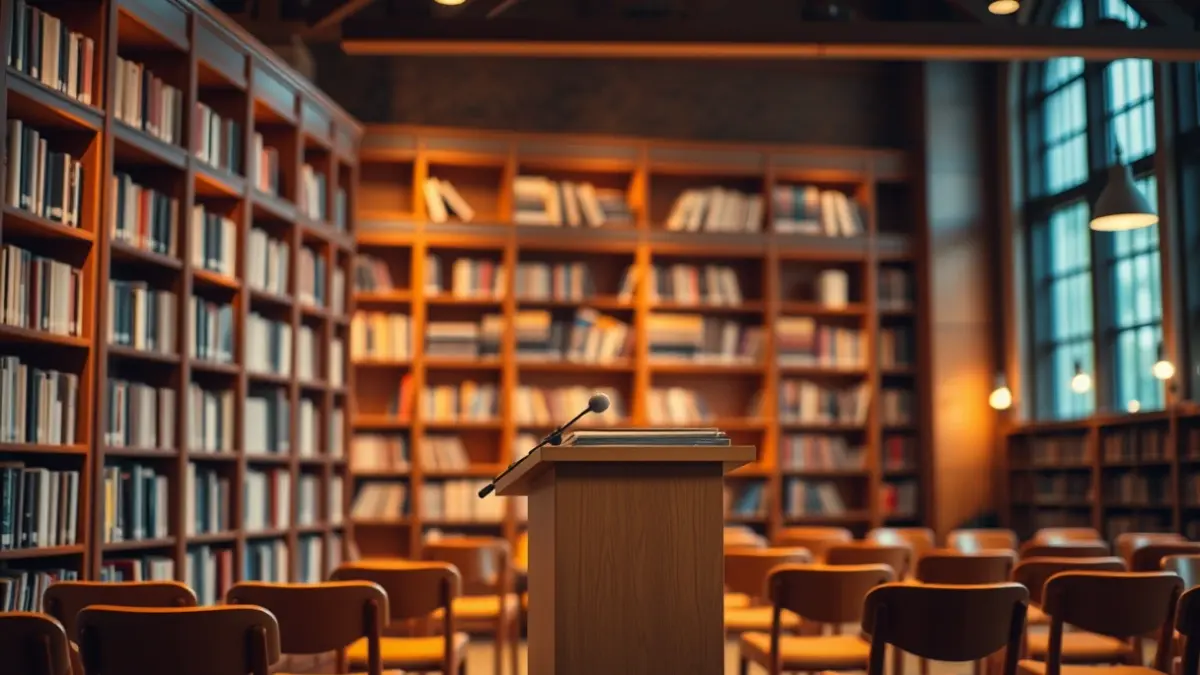 Imatge genèrica d'una biblioteca amb prestatgeries de fusta i un faristol amb micròfon, amb una il·luminació càlida.