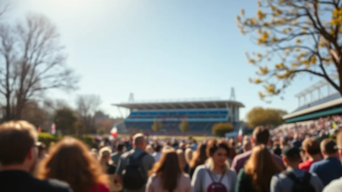 Imatge d'una marxa solidària amb participants caminant cap a una ermita, amb un estadi esportiu al fons.