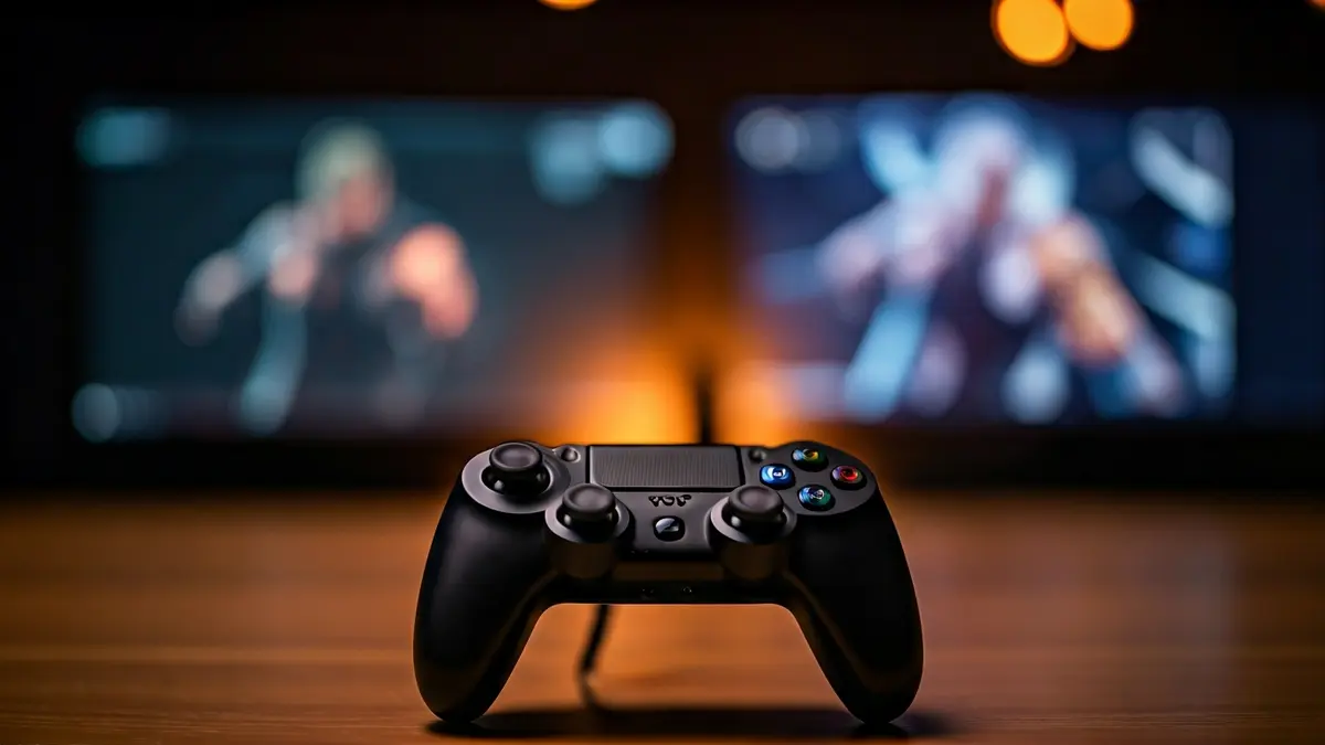Generic image of a gaming controller on a table, with blurred fighting game screens in the background.