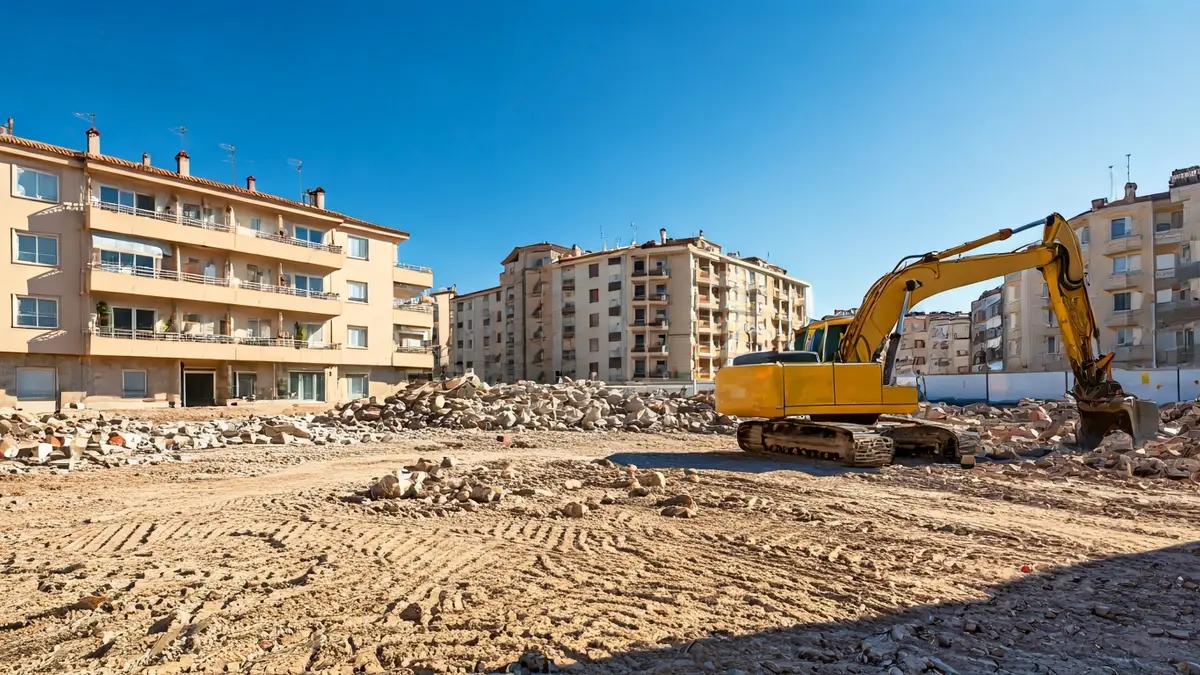 Imatge d'un solar en demolició a una ciutat mediterrània, amb una excavadora groga.