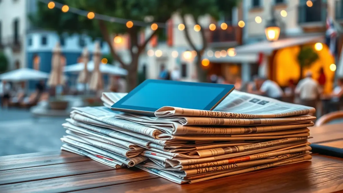 Imagen de una pila de periódicos y tabletas digitales sobre un escritorio de madera, con un fondo borroso de una plaza mediterránea, simbolizando una década de noticias locales.