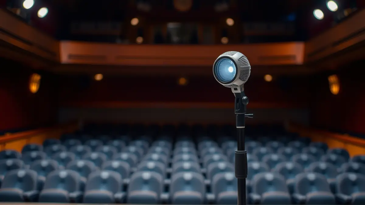 Imatge genèrica d'un escenari de teatre amb un micròfon i seients buits.
