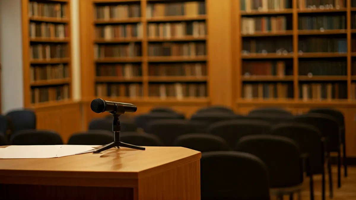 Generic image of a library interior with wooden bookshelves and a podium with a microphone.