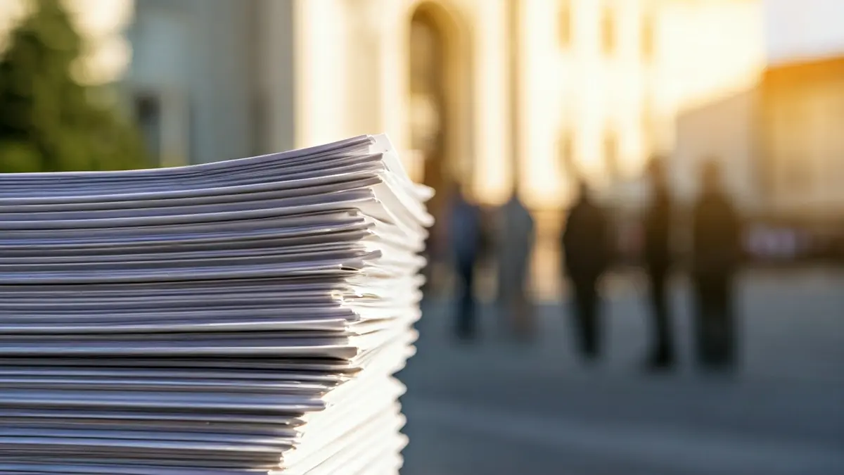 Imatge genèrica de documents oficials amb un edifici governamental desenfocat al fons.