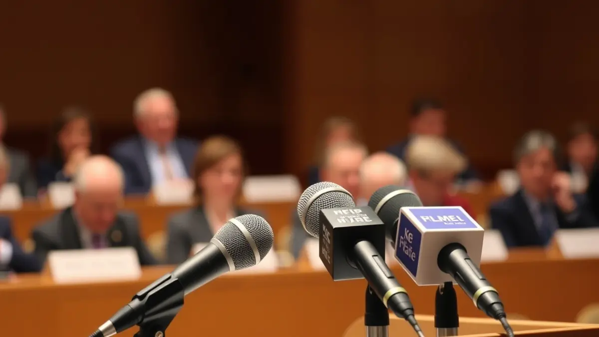 Generic image of a podium with microphones at a conference.