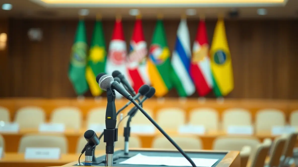 Generic image of a podium with microphones in a conference room.
