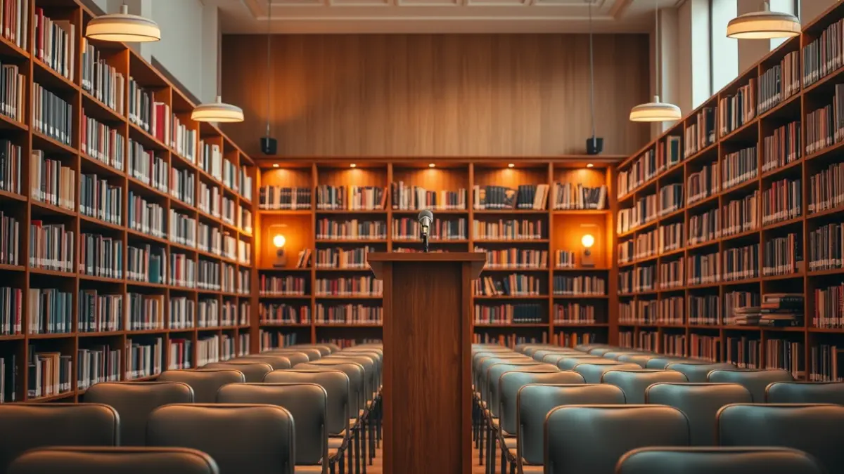 Imatge genèrica d'una sala de presentacions de llibres amb prestatgeries de fusta i un micròfon.