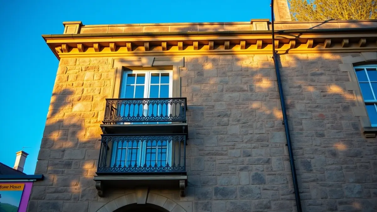 Façana d'un ajuntament de pedra amb balcó ornamentat, il·luminat pel sol de la vesprada.