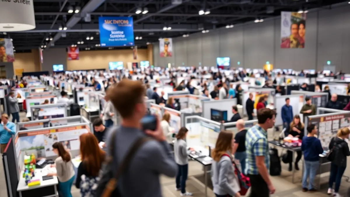 Imatge genèrica d'una fira de la ciència amb projectes estudiantils i visitants.