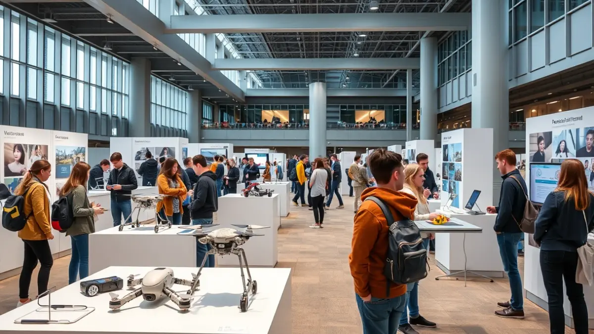 Imatge d'estudiants presentant projectes de ciència en una fira, amb estands i tecnologia.