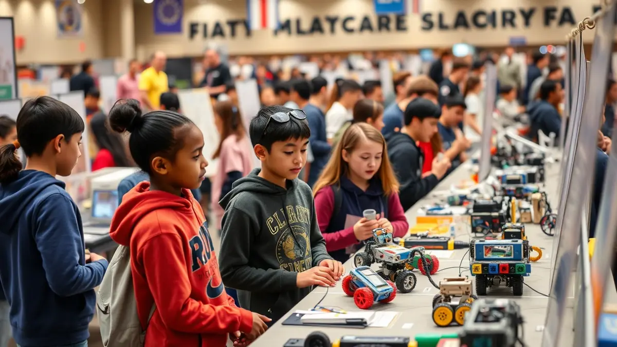 Image of a science fair with young students presenting projects and interactive workshops.