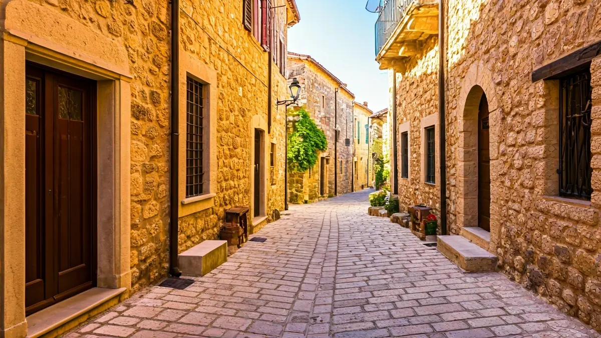 Image of a historical recreation of a Mediterranean village street in the early 20th century.