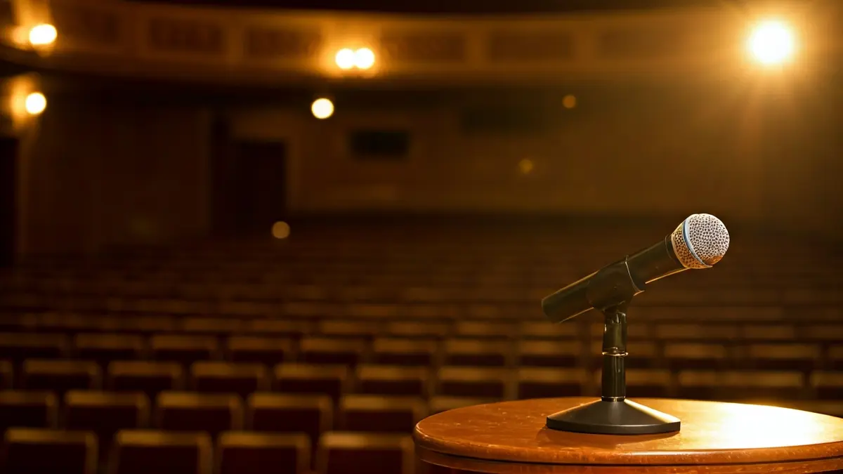 Generic image of a microphone on a podium in a theater, with empty seats in the background.