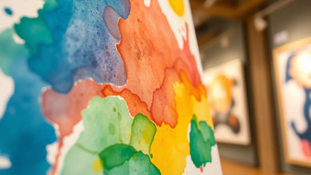 Generic image of a watercolor painting with vibrant colors and delicate brushstrokes, in an exhibition hall.