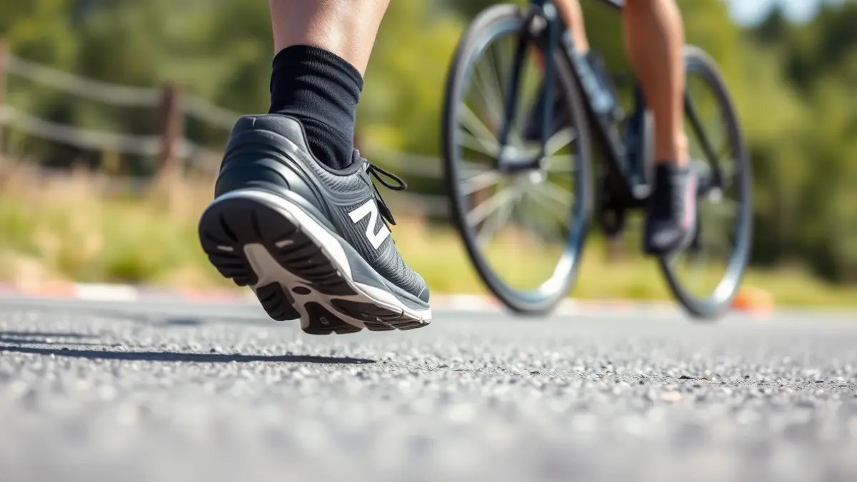 Imatge genèrica d'una sabatilla de córrer en una pista d'asfalt amb una roda de bicicleta desenfocada al fons, suggerint un duatló.