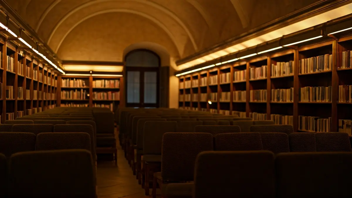 Imatge genèrica d'un espai de presentació de llibres amb un faristol i cadires buides.