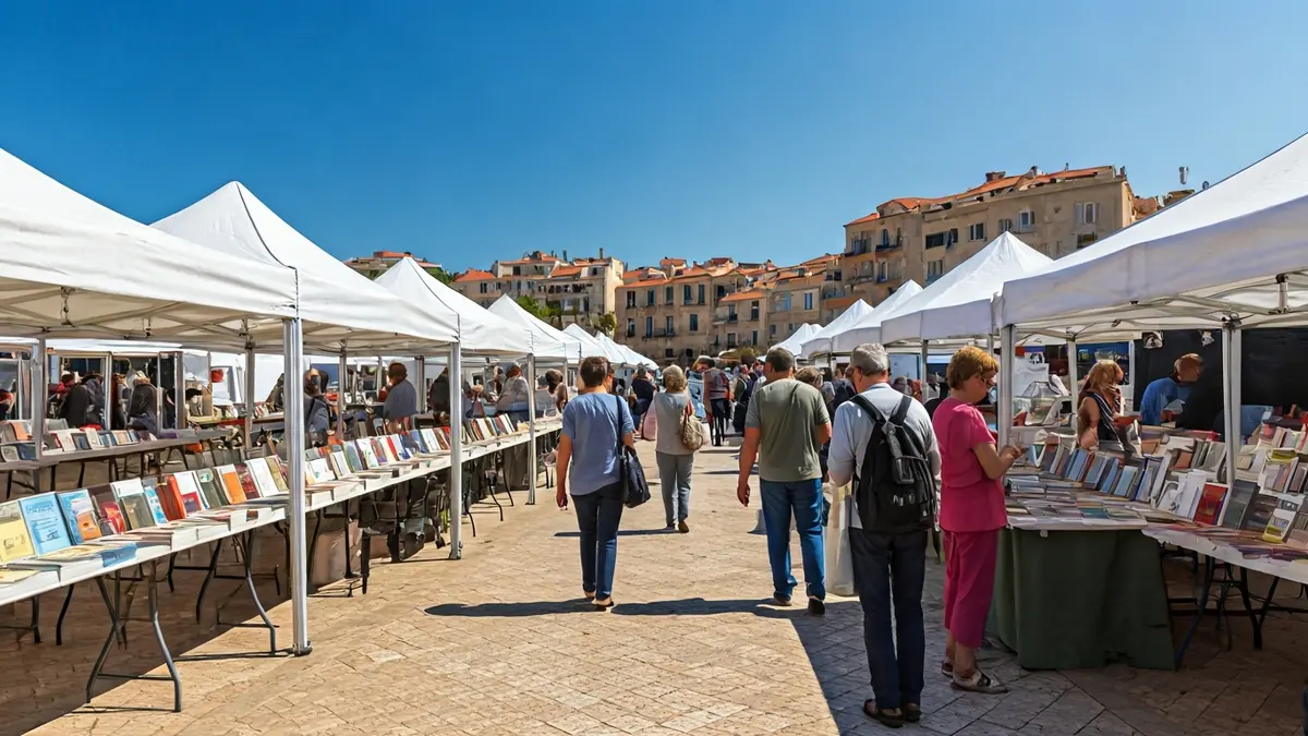 Imatge genèrica d'una fira del llibre a l'aire lliure en una ciutat costanera mediterrània.