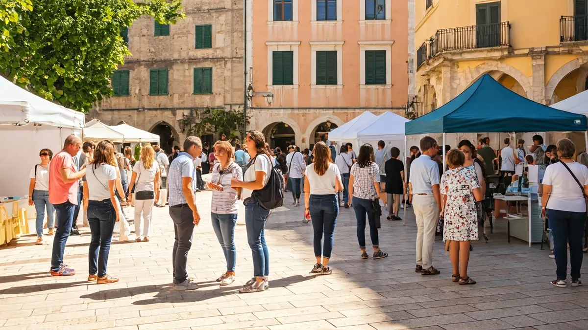 Imatge d'una fira de salut comunitària a una plaça mediterrània.