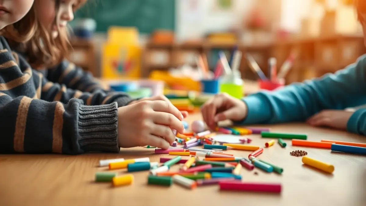 Generic image of children's hands doing crafts on a table.