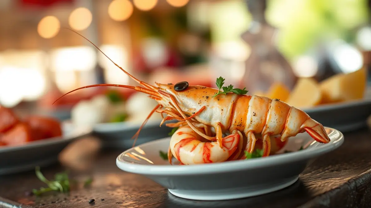 Image of a cooked prawn on a plate, with herbs, in a gastronomic festival setting.