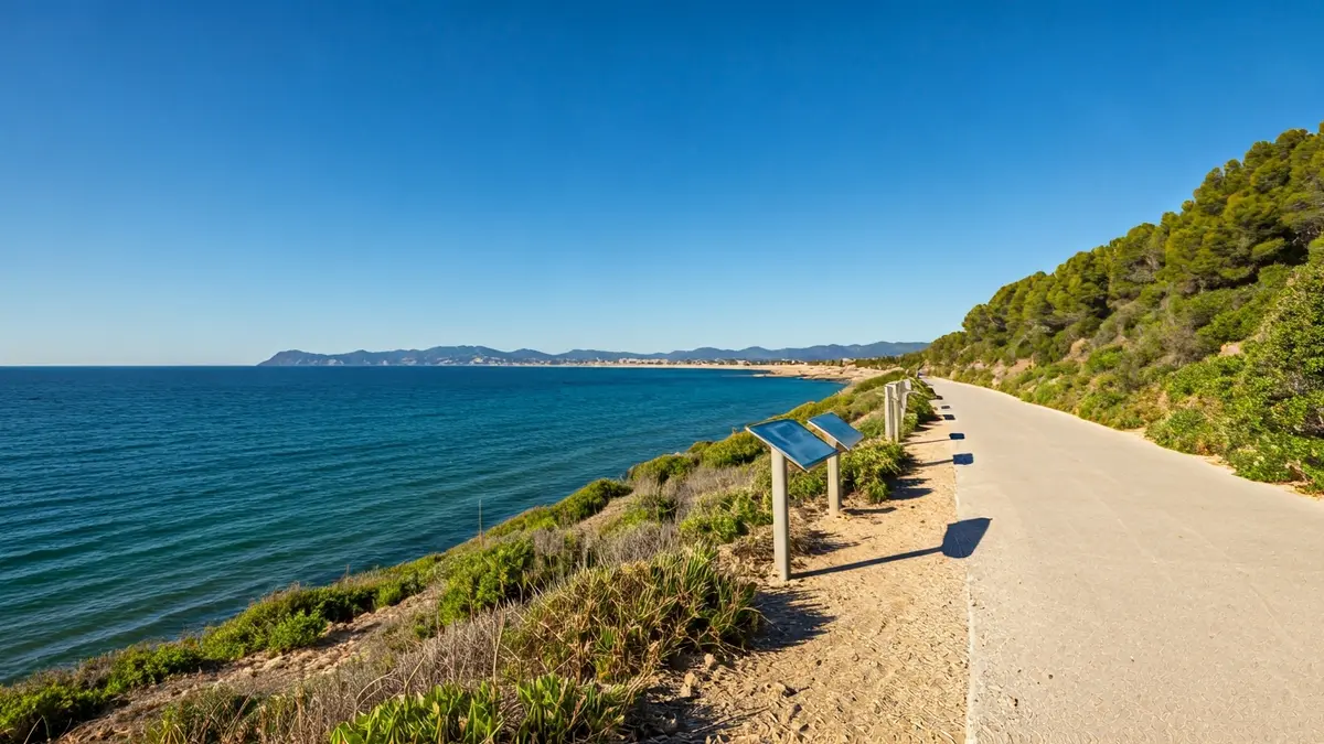 Image of a coastal path with informational panels and views of the Ebro Delta.