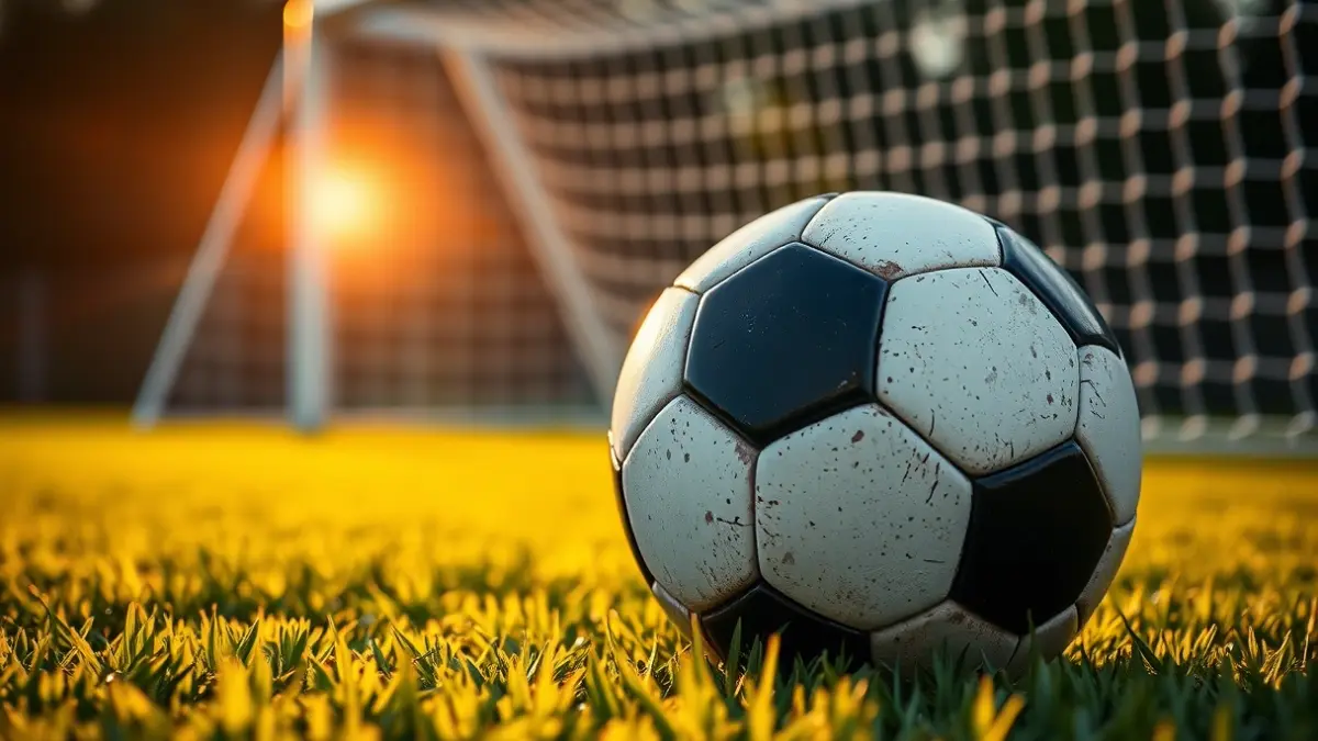 Imagen genérica de un balón de fútbol en el césped, con la portería desenfocada al fondo, bajo la luz del atardecer.