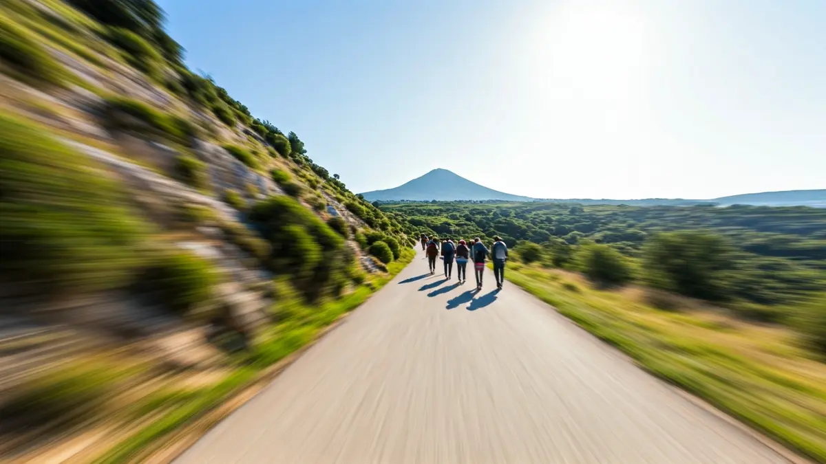 Imagen genérica de un camino largo con gente caminando, bajo un cielo claro, simbolizando una romería.