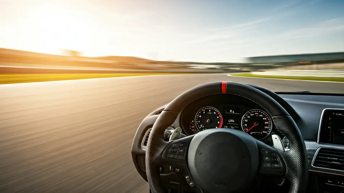 Generic image of a sports car steering wheel on a racetrack, with motion blur.