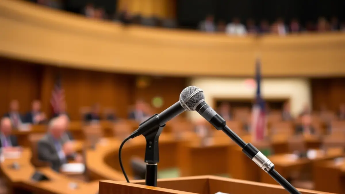 Generic image of a microphone on a podium, symbolizing political statements.