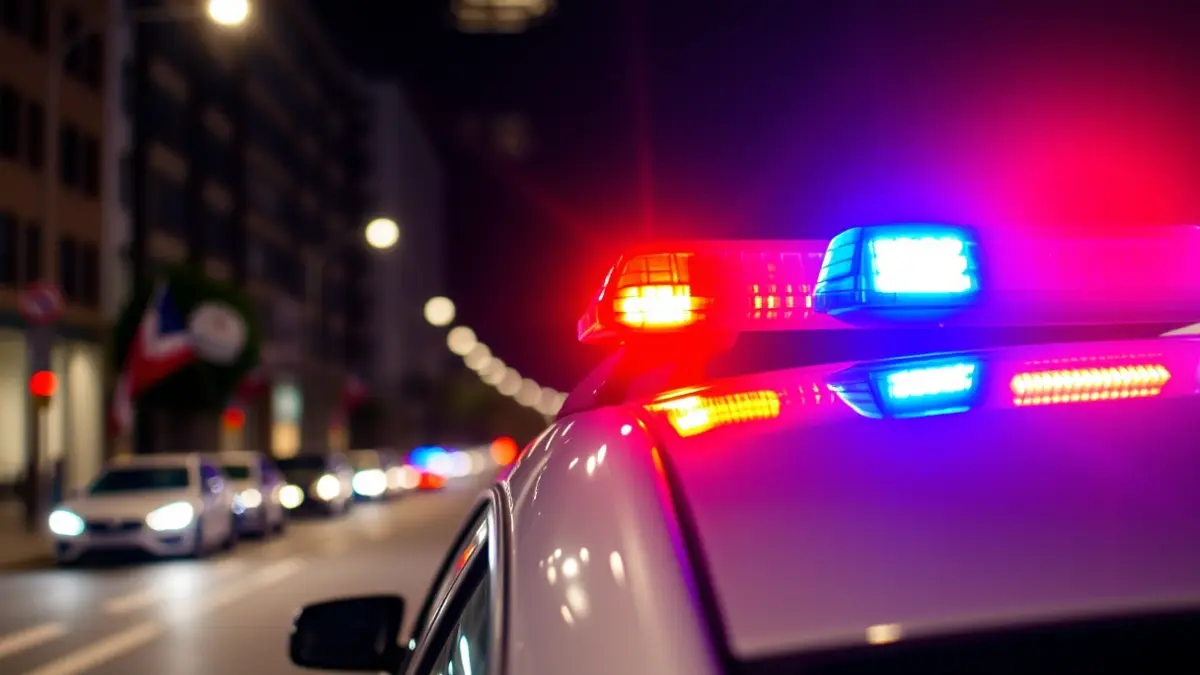 Imagen genérica de un coche de policía con las luces de emergencia encendidas en una ciudad de noche.