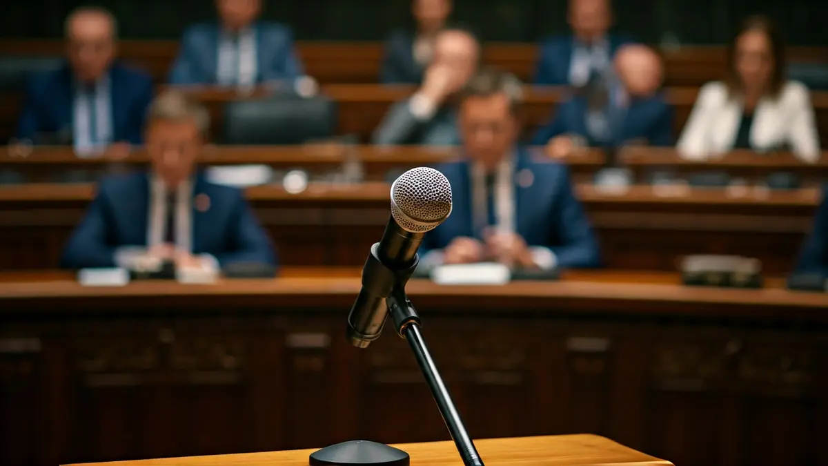 Generic image of a microphone on a podium in a parliamentary setting, representing a political debate.