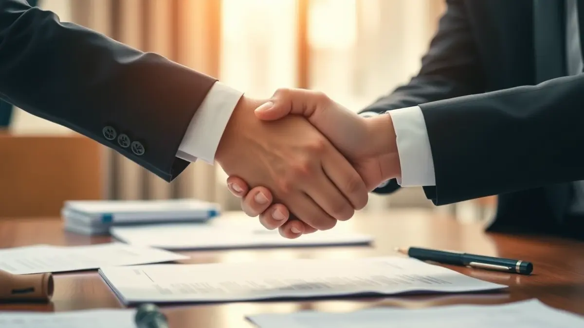 Generic image of two hands shaking over paperwork, symbolizing a change in corporate control.