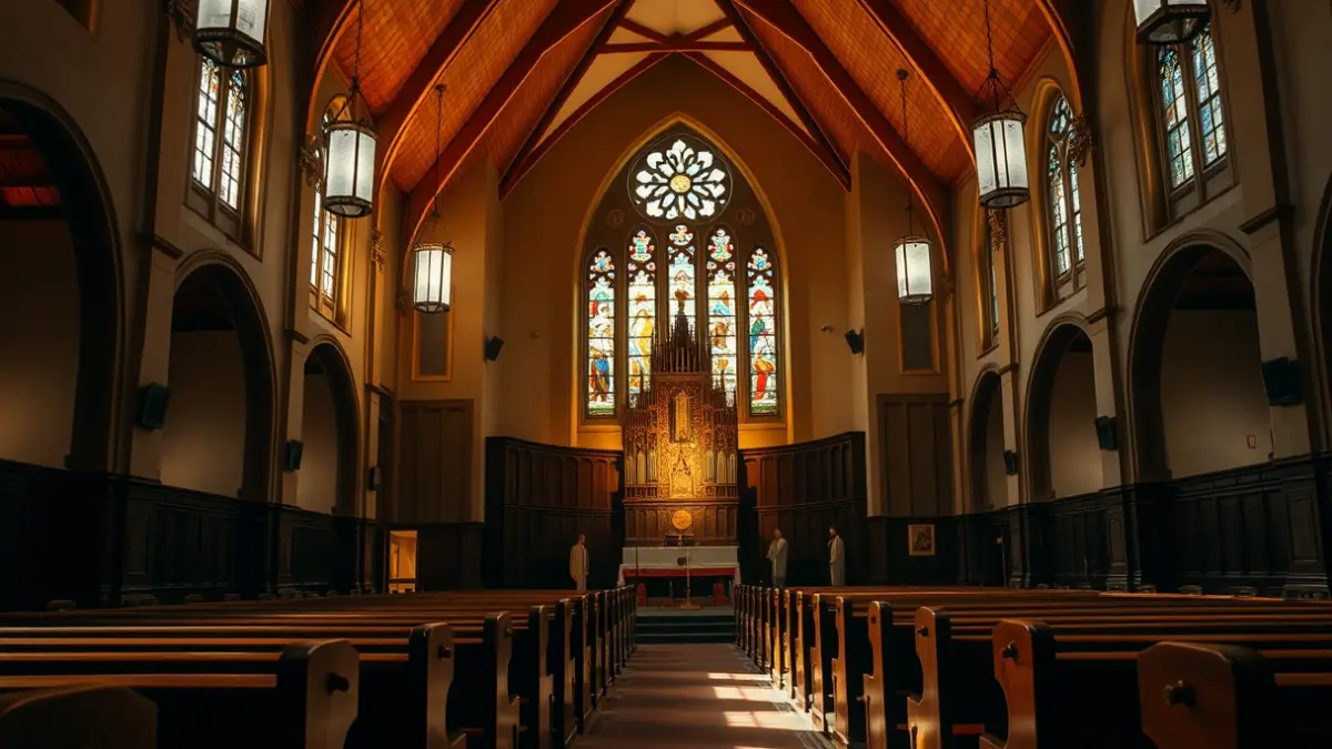 Imatge genèrica de l'interior d'una església amb il·luminació càlida.