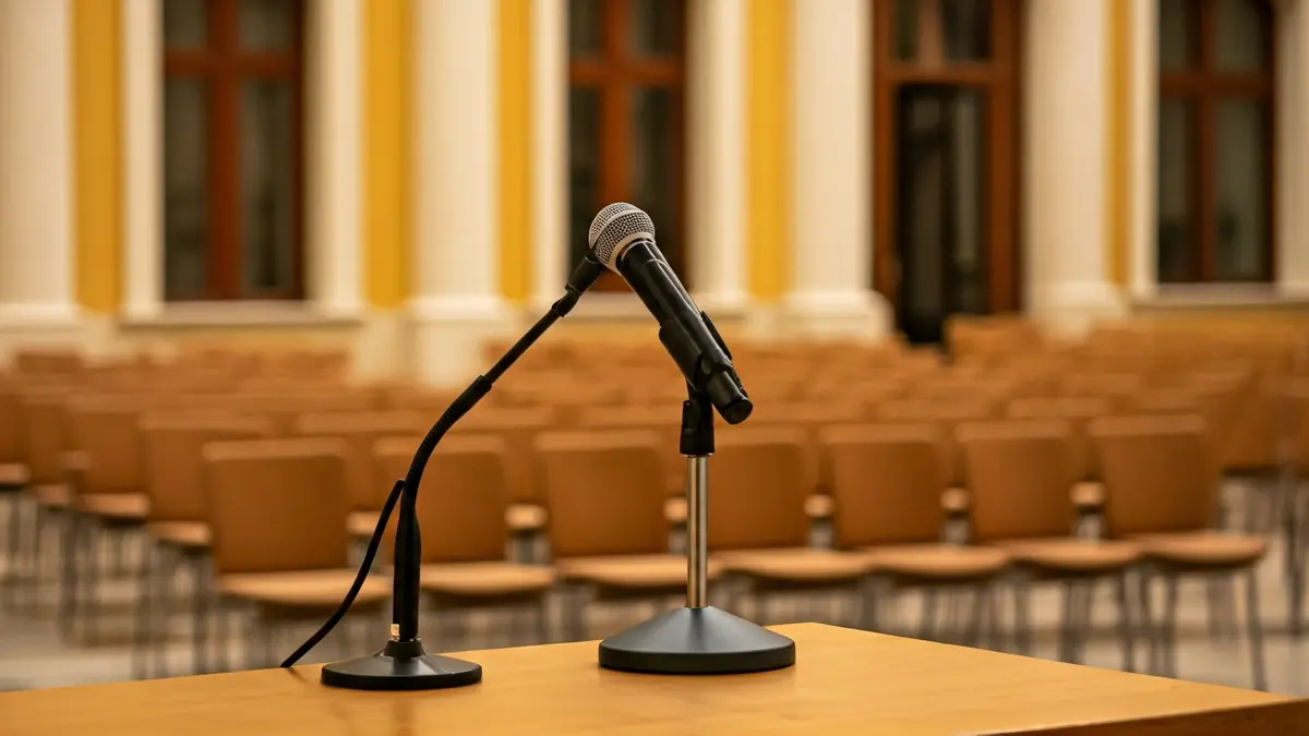 Imatge genèrica d'un micròfon en un faristol en una sala de conferències, simbolitzant una xarrada informativa.