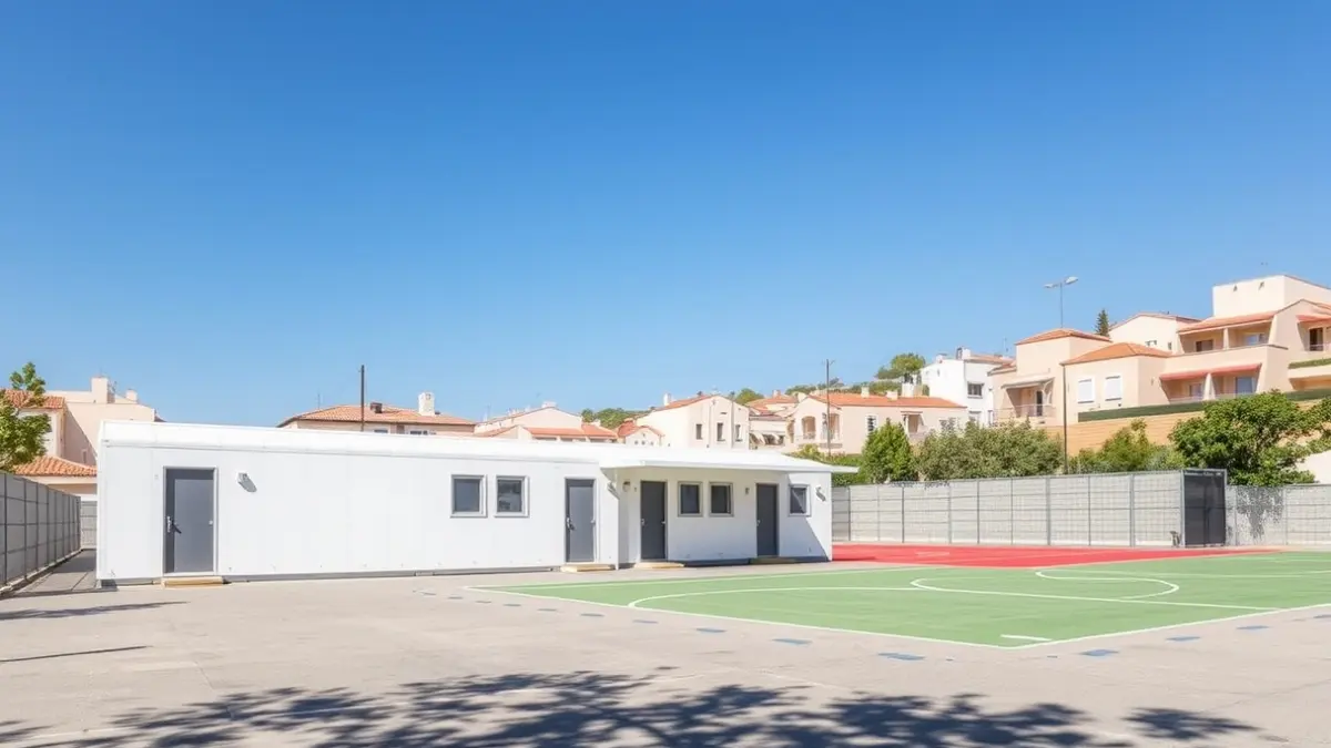 Image of a provisional school center with prefabricated modules and a sports court, in a Mediterranean setting.