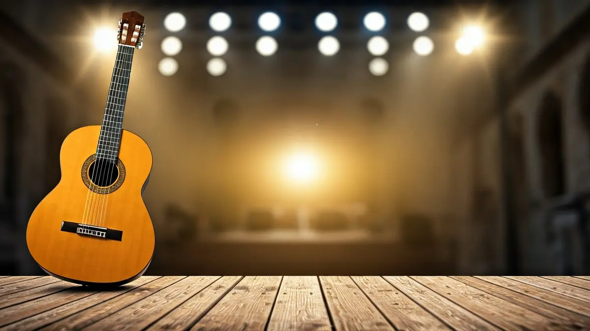Imagen genérica de una guitarra clásica en un escenario, con luces desenfocadas al fondo.