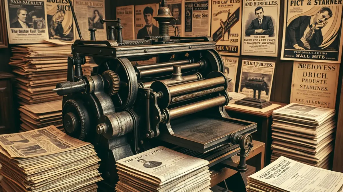 Generic image of an old printing press with historical commercial advertisements.